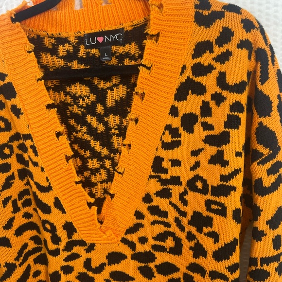 Cheetah Print Women's Fringe Drop Sleeve Crop Sweater Orange  Size L - Picture 9 of 13